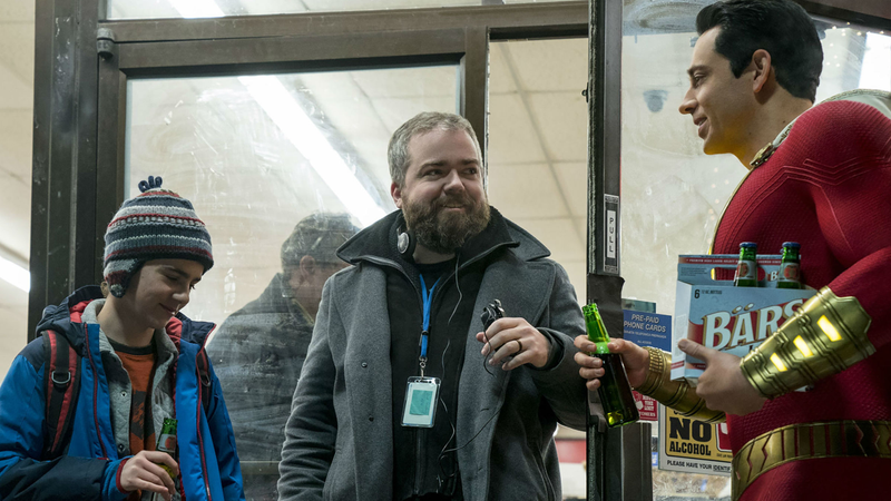 Freddy (Jack Dylan Grazer) and Zachary Levi (Shazam) share a “beer” with director David F. Sandberg.